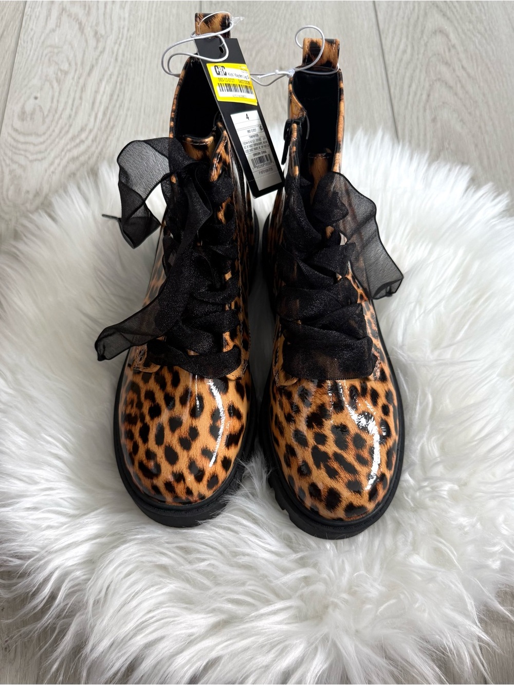 Kids Leopard Print Lace-Up Boots with Black Ribbon Laces